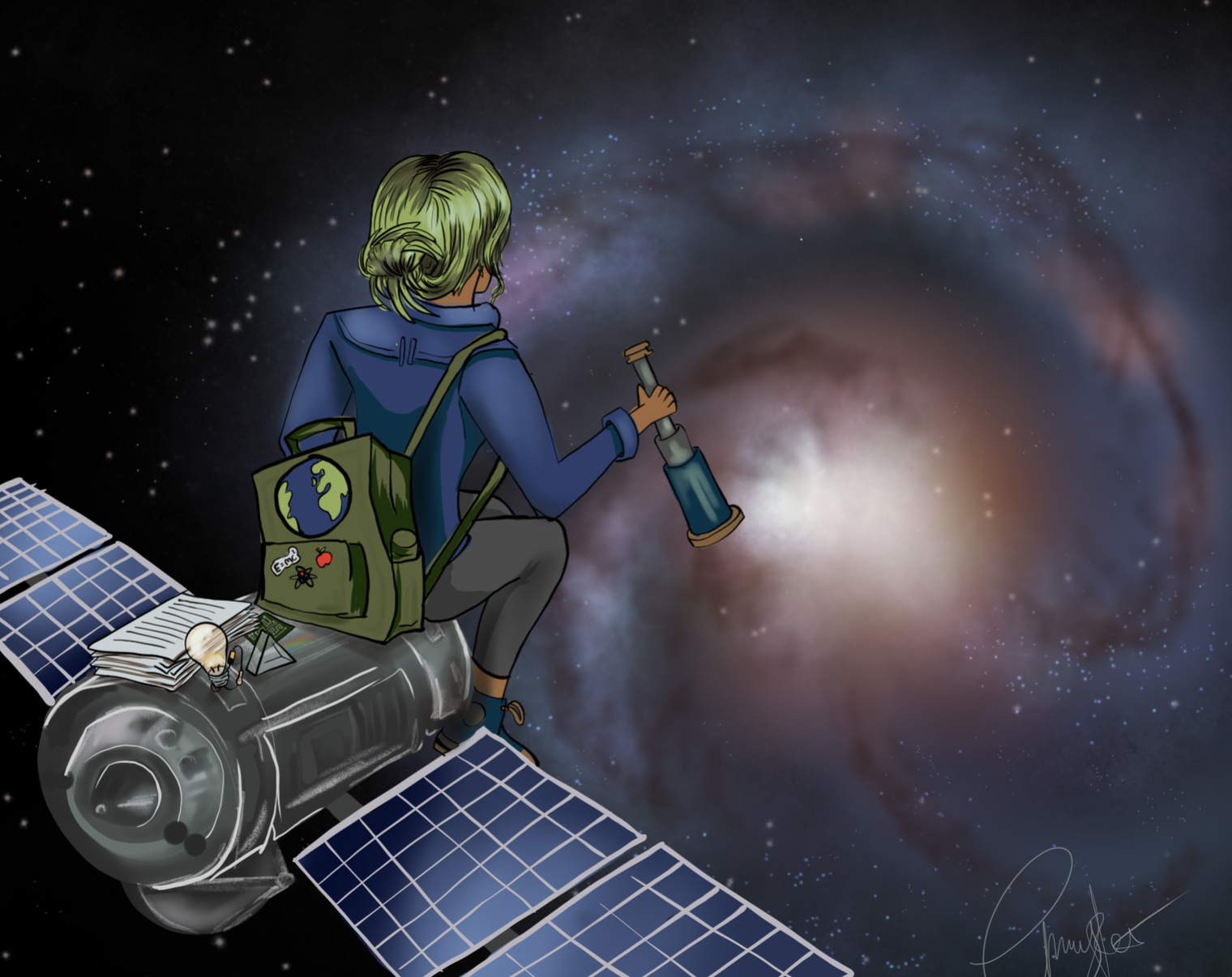 Digital art of a girl sitting on a satellite in space